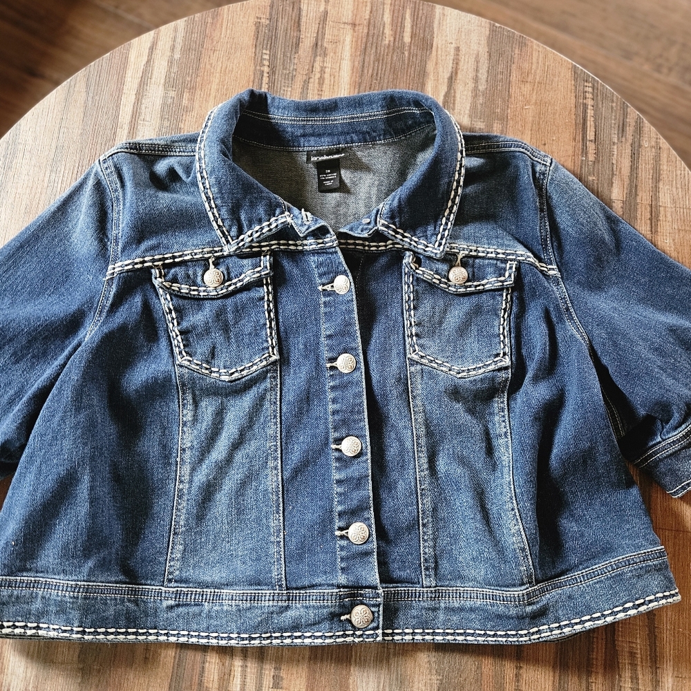 Womens Plus Lane Bryant Cropped Jean Denim Jacket Sz 28 Thick Stitch Stretch